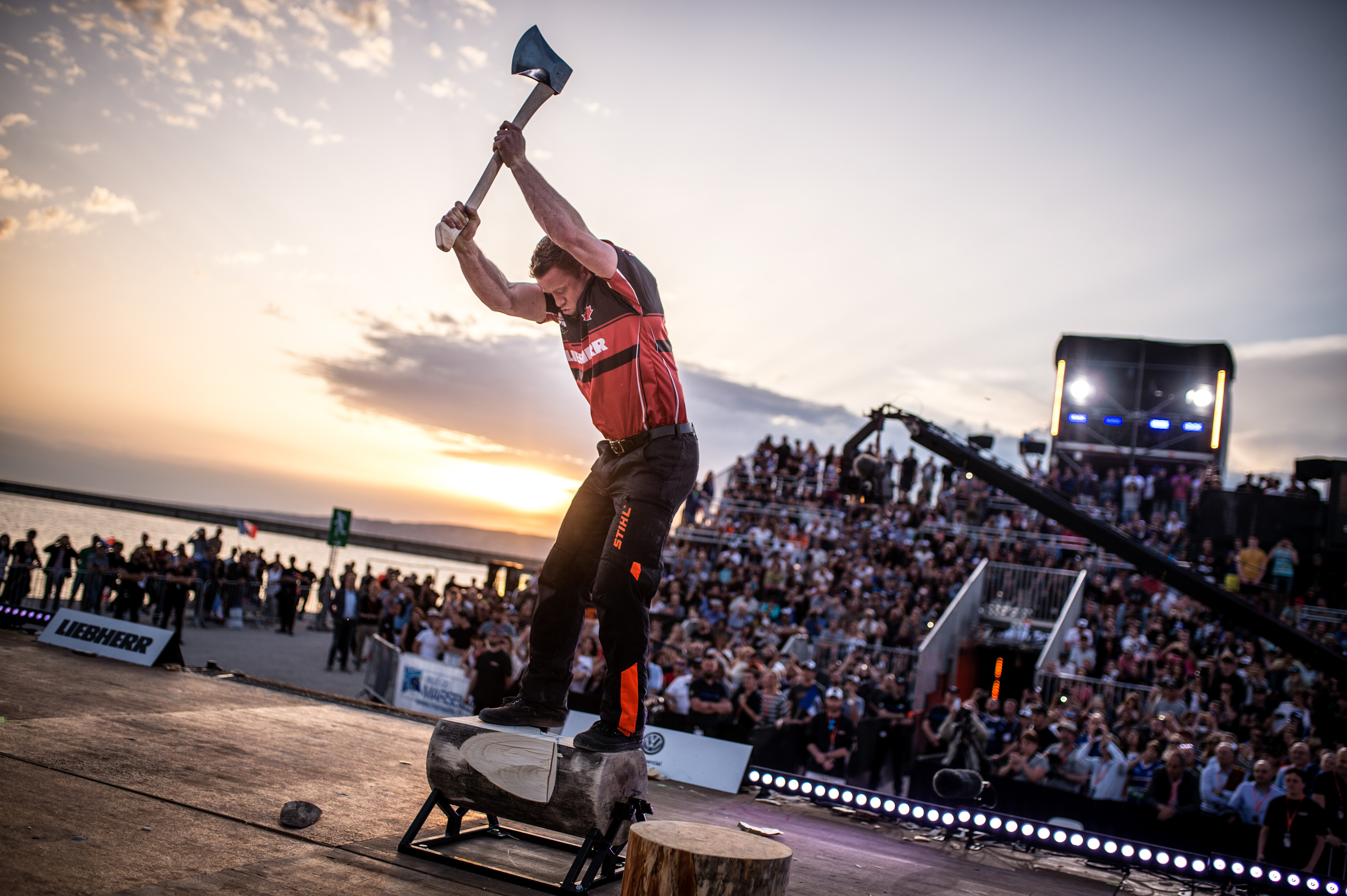 A STIHL TIMBERSPORTS® athlete celebrating